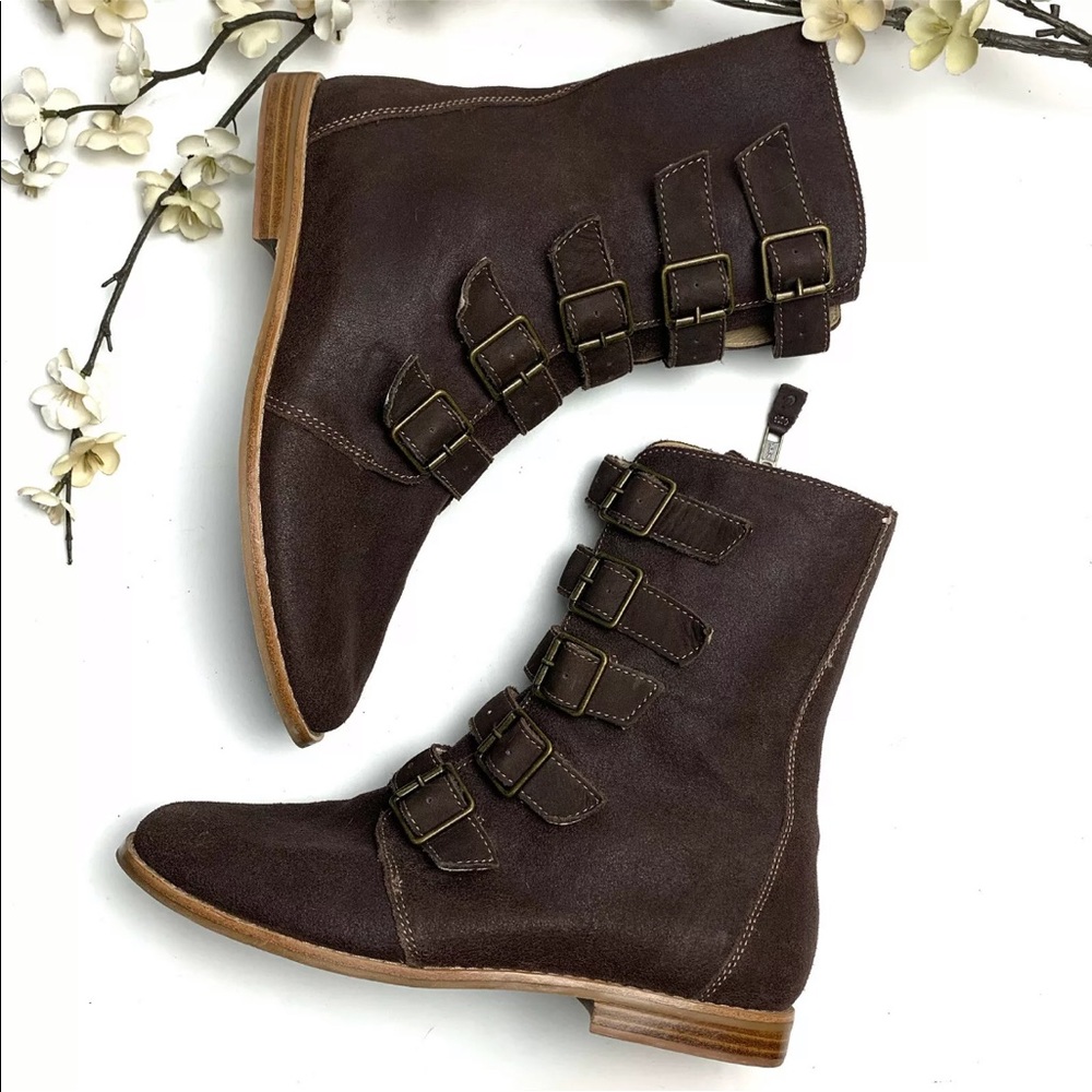 OLUKAI Elima Women's Size 7.5 Boots Brown Strappy Moto Combat Leather Zipper